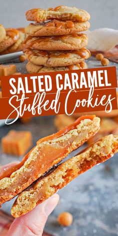 salted caramel stuffed cookies stacked on top of each other