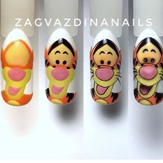 Nail Art Characters Step By Step, Winnie The Pooh Nail Art Step By Step, Cartoon Nail Designs Step By Step, Cartoon Nails Disney, Tweety Nails, Character Nail Art Step By Step, Tigger Nails, Cartoon Nail Art Designs, Pooh Nails