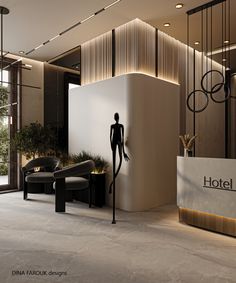 the hotel lobby is decorated with modern furniture and art deco elements, including a mannequin