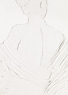 an abstract painting with white paint and lines on the wall, depicting a woman's torso