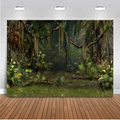 an image of a jungle scene with trees and plants on the wall in front of it