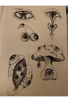 an ink drawing of different types of mushrooms and eyeballs on a piece of paper