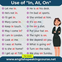 an english speaking poster with the words use of in, at, on and out