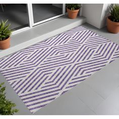 a purple and white area rug on the floor next to potted plants in front of a door