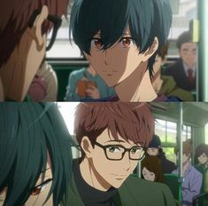 two anime characters with green hair and glasses, one is staring at the camera while the other