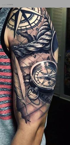 a man's arm with a compass and other items on it