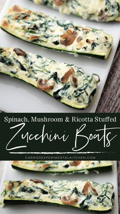 spinach, mushroom and ricotta stuffed zucchini boats on a white plate