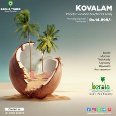 an advertisement for kovalam featuring two coconuts and palm trees