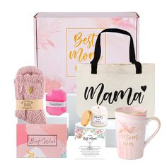 a mother's day gift box with a pink tote bag, mug, mitts and more