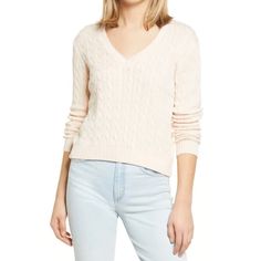 Brandy Melville V-Neck Cable Knit Sweater In White. A Classic V-Neck And Cable Knit Construction Give This Slouchy Sweater A Relaxed, Weekend Vibe. Keep It Easy Going In A Cozy Pullover Sweater. - Cotton Blend - V- Neckline - Long Sleeves - Pullover Style - This Knit Material Offers A Moderate Stretch - One Size (Xs-M In My Opinion) Spring Cable Knit V-neck Sweater, Casual Knit V-neck Sweater, Casual V-neck Pointelle Knit Cardigan, V-neck Pointelle Knit Sweater, Casual V-neck Pointelle Knit Top, Cozy V-neck Sweater For Spring, Chic V-neck Sweater With Pointelle Knit, Spring Textured Knit V-neck Sweater, Cozy V-neck Cardigan With Pointelle Knit