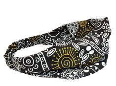 "Down Under Australian Aboriginal cotton print in a wide bandana headband style for women. Symbolic patterns of the Aboriginal people make up this striking cotton head scarf. This is a soft, high quality fabric. The white and yellow symbolic accents stand out on the black background. It's easy grab and go print to pop on when you need a quick cover up, or a great accessory. A beautiful fabric depicting traditional and significant life symbols and designs of the Aborigine people and of their life Adjustable Black Headwrap For Beach, Adjustable Black Headwrap For The Beach, White Bandana Headband For The Beach, White Bandana Headband For Beach, White Headband Bandana For Beach, Black Adjustable Summer Headwrap, Adjustable White Bandana With Matching Headband, Adjustable White Headwrap Headband, White Beach Headwrap Headband