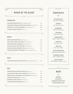 the menu for wine by the glass, which includes several different types of drinks and beverages