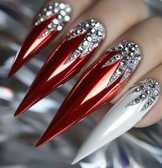 Red Stiletto Christmas Nails, Lipstick Nails Shape Design, Lipstick Nails Shape, Red And White Nails, Nails Shape, Lipstick Nails, Red Stilettos, White Nail Art, White Nail Designs