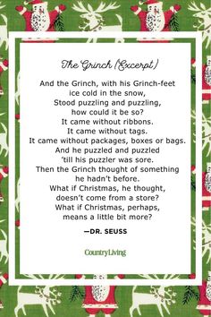 a poem written in green and red with white trimmings, surrounded by christmas decorations