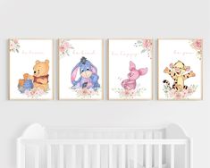 three winnie the pooh wall art prints hanging in a baby's nursery room