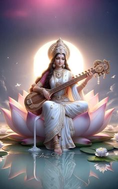 a woman sitting on top of a lotus with a guitar in her hand and water lilies around her