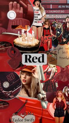 a collage of red images and photos with the words, taylor swift on it