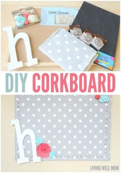 the diy corkboard is made with polka dot paper