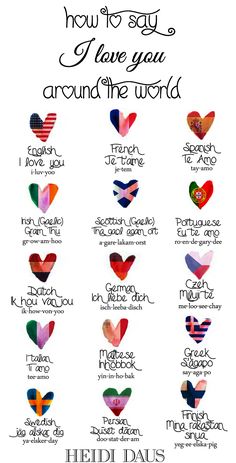 a poster with hearts and the words how to say i love you around the world