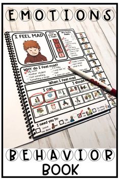 the behavior book for emotions and feelings is shown on a white table with a red pen