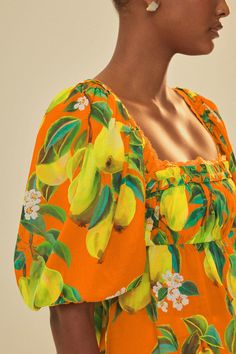 Orange Chic Pears Short Sleeve Blouse – FARM Rio Summer Orange Vibrant Tops, Summer Vacation Blouse With Square Neck, Square Neck Blouse For Summer Vacation, Orange Tropical Tops For Spring, Spring Tropical Orange Tops, Tropical Orange Tops For Spring, Orange Tropical Print Tops For Summer, Vibrant Orange Blouse For Vacation, Orange Blouse With Vibrant Print For Vacation