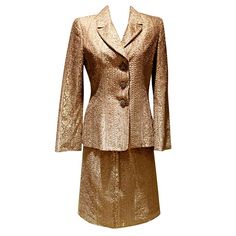 Badgley Mischka Bronze Lace Skirt Suit - Size 6 This beautiful skirt suit has fabulous buttons and is from the 90’s. Measurements: Shoulder to Shoulder: 17" Bust: 34” Sleeve Length: 24" Waist: 26” Hips: 36” Vintage Skirt Suit, Suits Outfits, Suit Brown, Versace Pink, Bustle Skirt, Yellow Skirt, Suit Designs, Beautiful Skirts, Pink Skirt