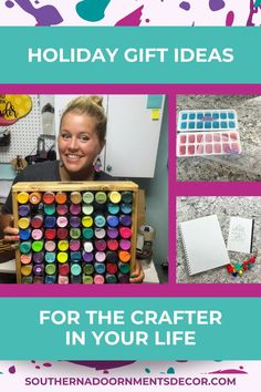 a woman holding up an art project with the words holiday gift ideas for the crafter in your life