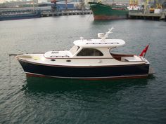 a blue and white boat is in the water