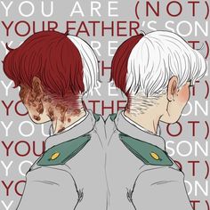 two people with red hair and white hair are facing each other in front of a background that says you are not your father's son