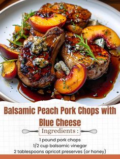 a white plate topped with grilled peaches and pork chops