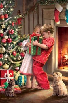 two children are holding presents near a christmas tree and a cat is looking at it