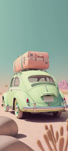 an old vw bug with luggage strapped to it's back in the desert