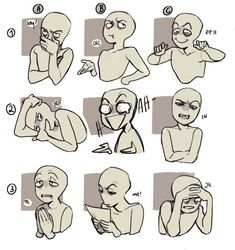 the instructions for how to draw an alien with different facial expressions and body parts, including eyes