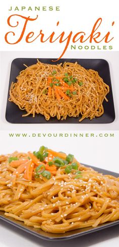 japanese teriyaki noodles with carrots, green onions and sesame seeds on a black plate