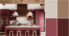 an image of a kitchen with red cabinets and white counter tops in the color burgundy