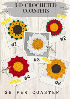 the crocheted coasters are all in different colors and sizes, including sunflowers