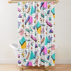 a shower curtain with colorful objects on it