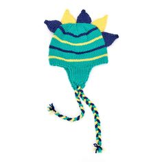 a knitted green and yellow hat with horns on it's brimming