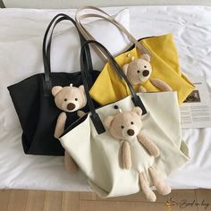 Bird in Bag - Personalized small bear doll canvas women's bag two sets of mother and child bag large capacity women's shoulder bag large bag Large Capacity Canvas Diaper Bag For School, Cute Large Capacity Canvas Shoulder Bag, Casual School Bag With Bear Design, Casual Travel Bag With Bear Design, Cute Everyday Canvas Shoulder Bag, Cute Canvas Shoulder Bag For Everyday, Cute Canvas Shopping Bag, Styles Women, Bear Doll