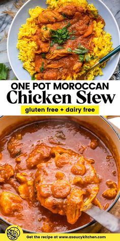 one pot moroccan chicken stew with rice and garnishes