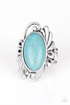 Chiseled into a smooth oval, a refreshing turquoise stone is pressed into the center of a glistening silver frame radiating with filigree detail for a seasonal look. Features a stretchy band for a flexible fit. Sold as one individual ring. P4SE-BLXX-165XX Sedona Sunset, Paparazzi Accessories Jewelry, Blue Ring, Blue Stone Ring, Bracelet Ring, Yellow Stone, Paparazzi Accessories, Paparazzi Jewelry, Blue Necklace