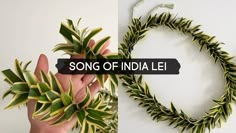 two images with the words song of india lei in front of them and an image of a wreath made out of leaves