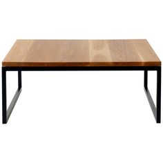 a wooden table with metal legs on a white background