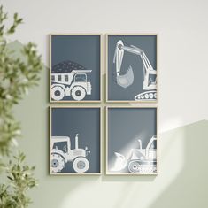 four framed pictures depicting construction vehicles on a green wall next to a potted plant