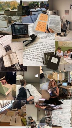 collage of photos with books, papers and laptops