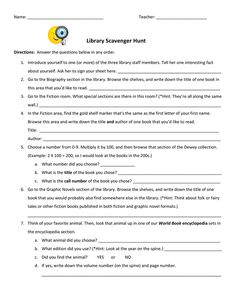 a worksheet for reading the library scaver hunt with answers and examples