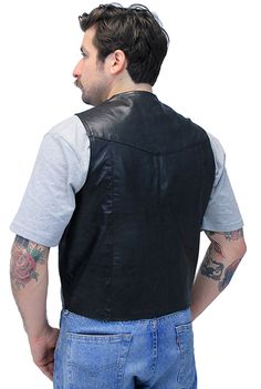 Black leather business vest in a classic style made of premium, sponge soft lambskin. This lambskin leather vest is ideal as a groomsman vest, dressy vest or business-look vest that features 2 front pockets, 4 snap front, all leather back, inside chest pocket and a soft nylon lining. An ideal lightweight men's lambskin leather and an ideal dressy look. A Jamin Leather® exclusive vest. Sizes: S, M, L, XL, 2X, 3X, 4X, 5X. +$6 for 2X-3X, +$12 for 4X-5X. [ 3#] two inside chest pockets two front pockets soft nylon lining four snap up front classic styling top grain leather soft lambskin leather exclusive Jamin Leather® brand IMPORTANT SPECIFICATIONS: EXCLUSIVE: Jamin Leather® has been manufacturing, designing and selling exclusive leather goods since 1979. This is a Jamin Leather® brand product Groomsman Vest, Groomsmen Vest, Dressy Vest, Business Vest, Leather Travel Bag, Leather Hats, Leather Shirt, Leather Vest, Business Look