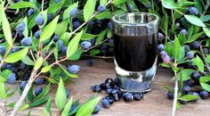 a glass filled with liquid surrounded by blue berries