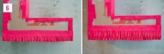 two pictures of pink fringes hanging on the wall, one with an orange tag