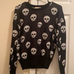 Black & White Skull Sweater. Never Worn But Tags Fell Off, Size M Trendy Skull Shaped Tops For Fall, Trendy Black Halloween Sweater, Alternative Black Halloween Sweater, Alternative Style Black Halloween Sweater, Casual Skull Print Tops For Winter, Casual Winter Tops With Skull Print, Casual Black Halloween Sweater, Casual Black Sweater For Halloween, Black Long Sleeve Tops With Skull Print